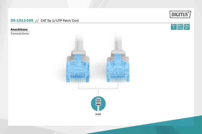 Assmann Electronic DIGITUS CAT 5e U-UTP jungiamasis kabelis PVC AWG 26/7 ilgis 0,5 m, pilkos spalvos
