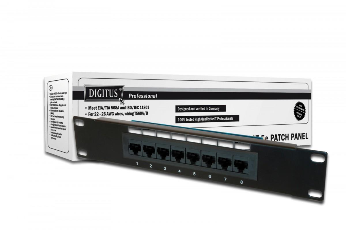 Assmann Electronic DIGITUS CAT 5e D klasės Patch Panel neekranuotas 8 prievadų RJ45 8P8C LSA 1U 254 mm (10 colių) Rack Mount spalva juodas RAL 9005