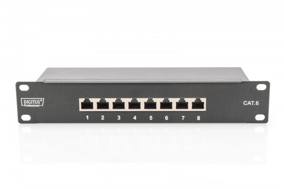 Assmann Electronic DIGITUS CAT 6 E klasės skydelis ekranuotas 8 prievadų RJ45 8P8C LSA 1U 254 mm (10 colių) Rack Mount spalva juodas RAL 9005