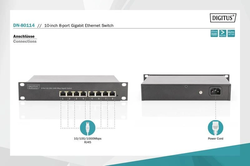 Šakotuvas Assmann Electronic DIGITUS 10 colių 8 prievadų Gigabit Ethernet jungiklis 8 x 10/100/1000Mbps RJ45 integruota galia, įskaitant 10 colių skliausteliuose