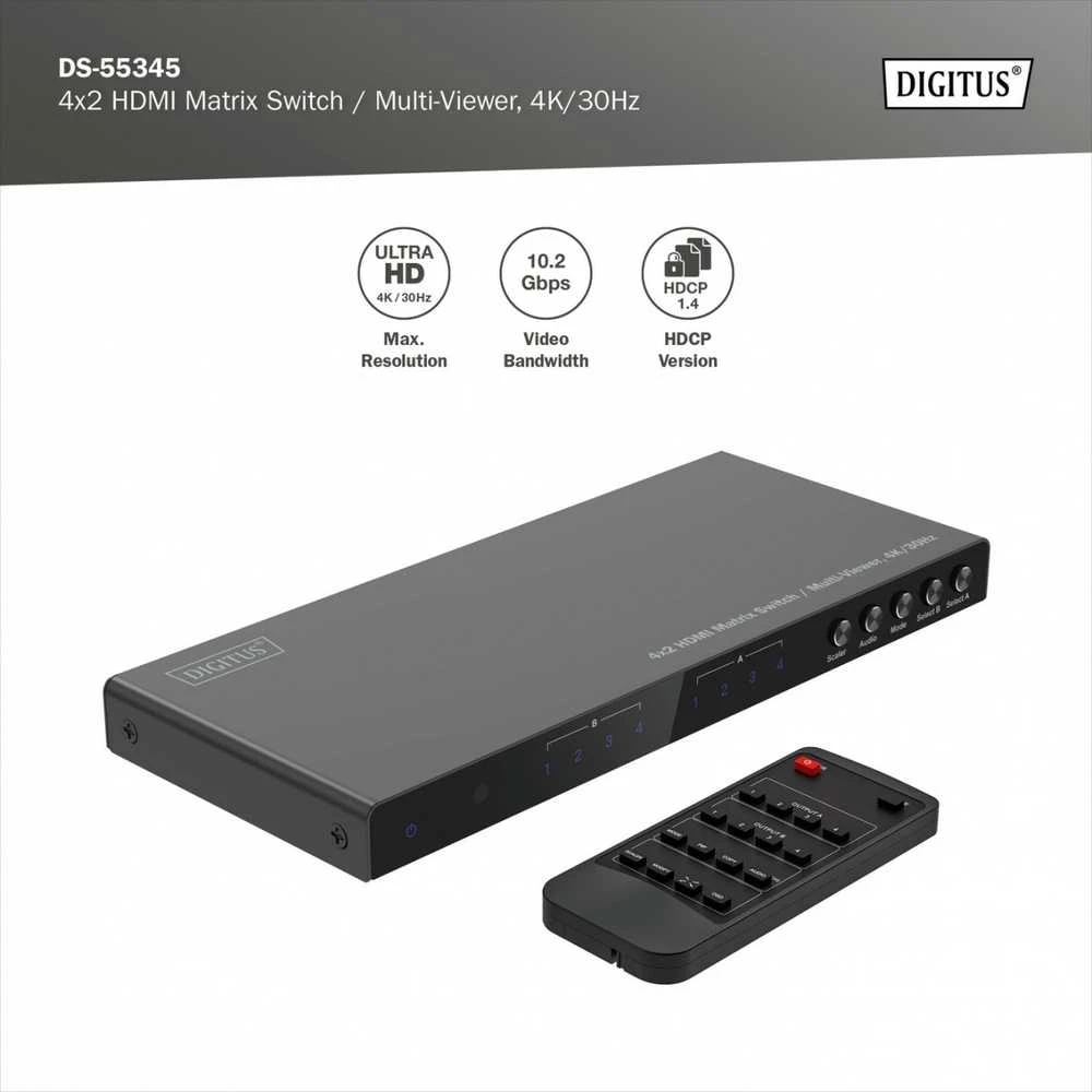 „Digitus“ 4x2 HDMI matricos jungiklis / kelių peržiūrų programa, 4K/30Hz | DS-55345 | Juodas