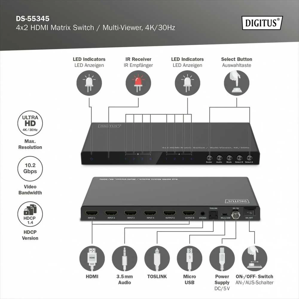 „Digitus“ 4x2 HDMI matricos jungiklis / kelių peržiūrų programa, 4K/30Hz | DS-55345 | Juodas