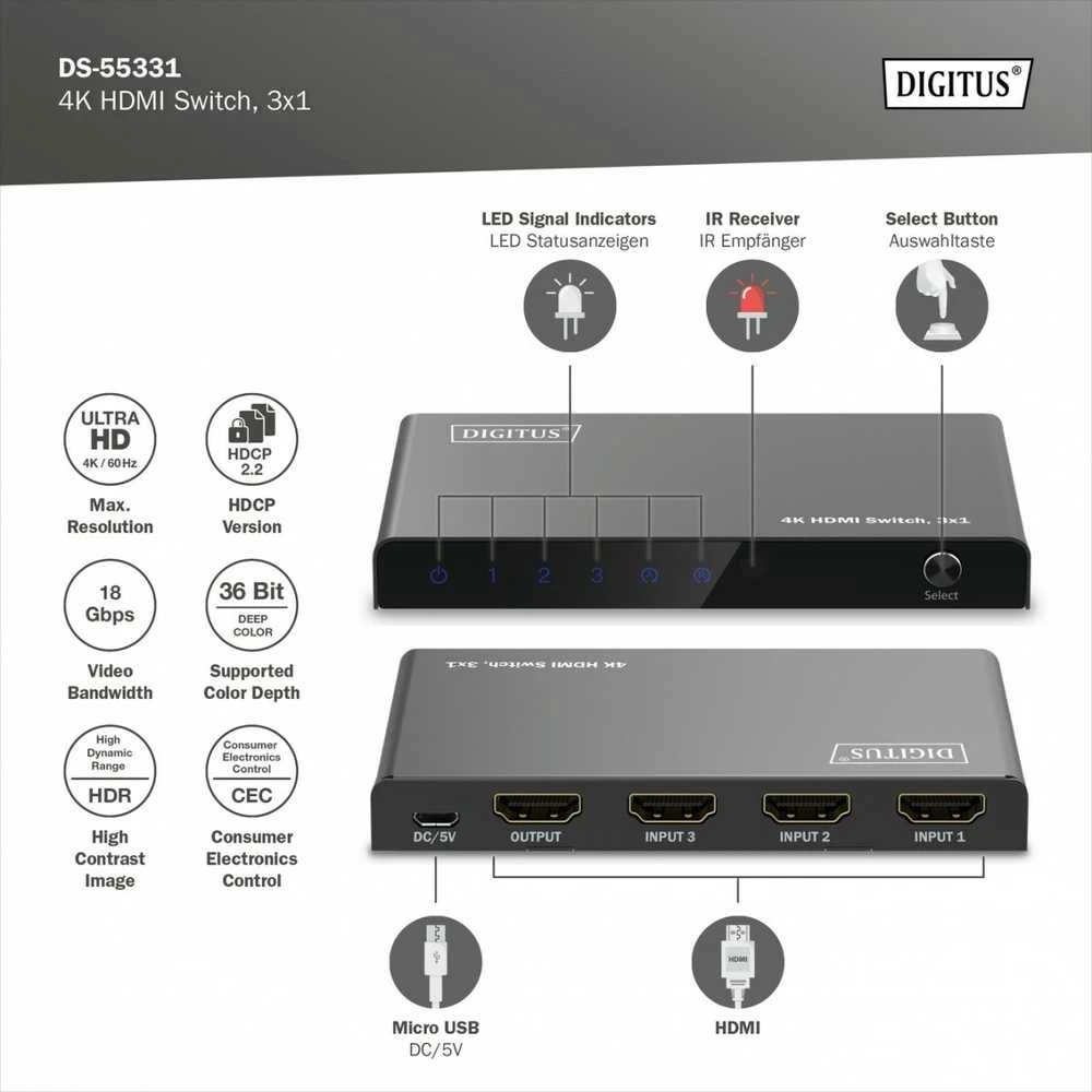 Digitus 4K HDMI Switch, 3x1 | DS-55331 | Juodas