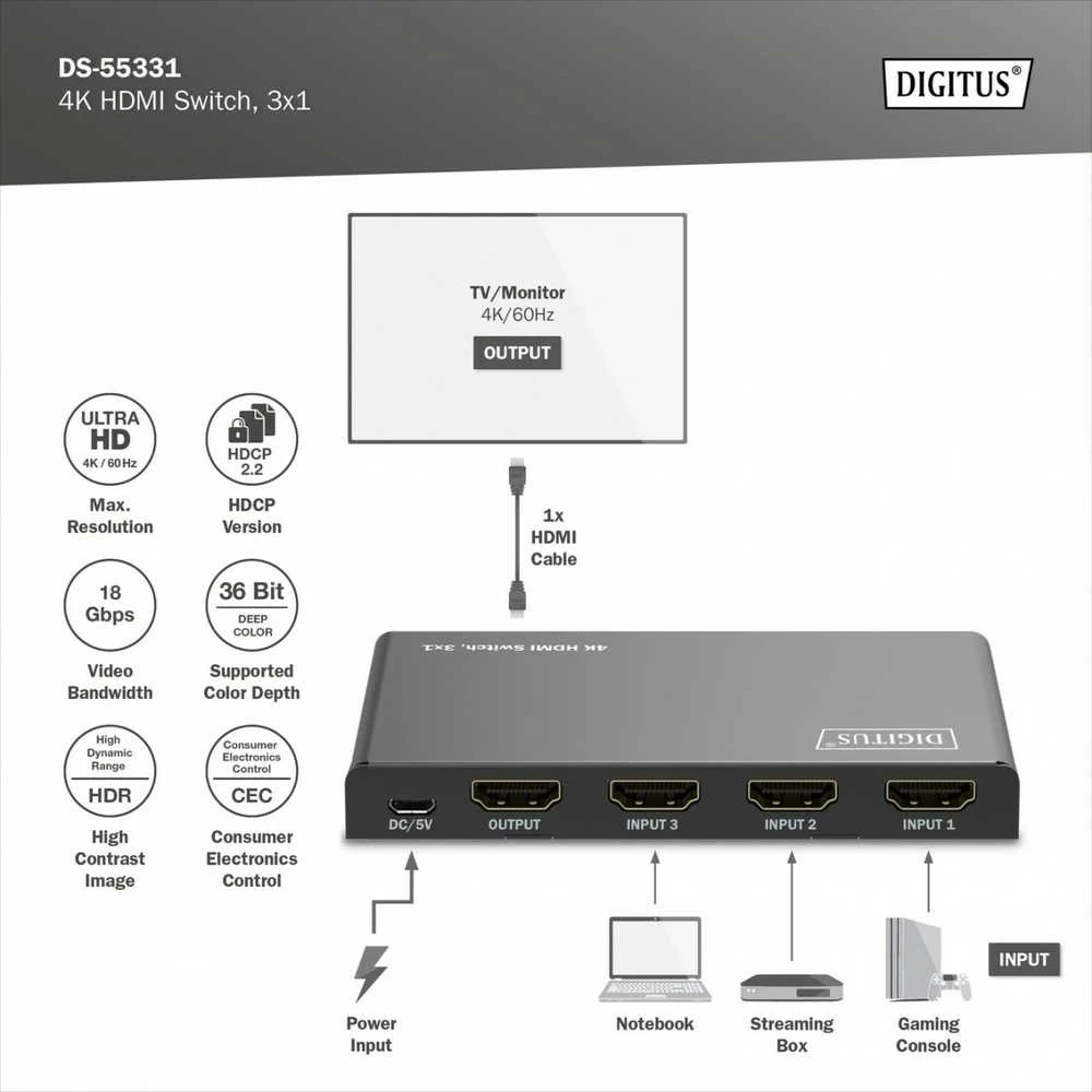 Digitus 4K HDMI Switch, 3x1 | DS-55331 | Juodas