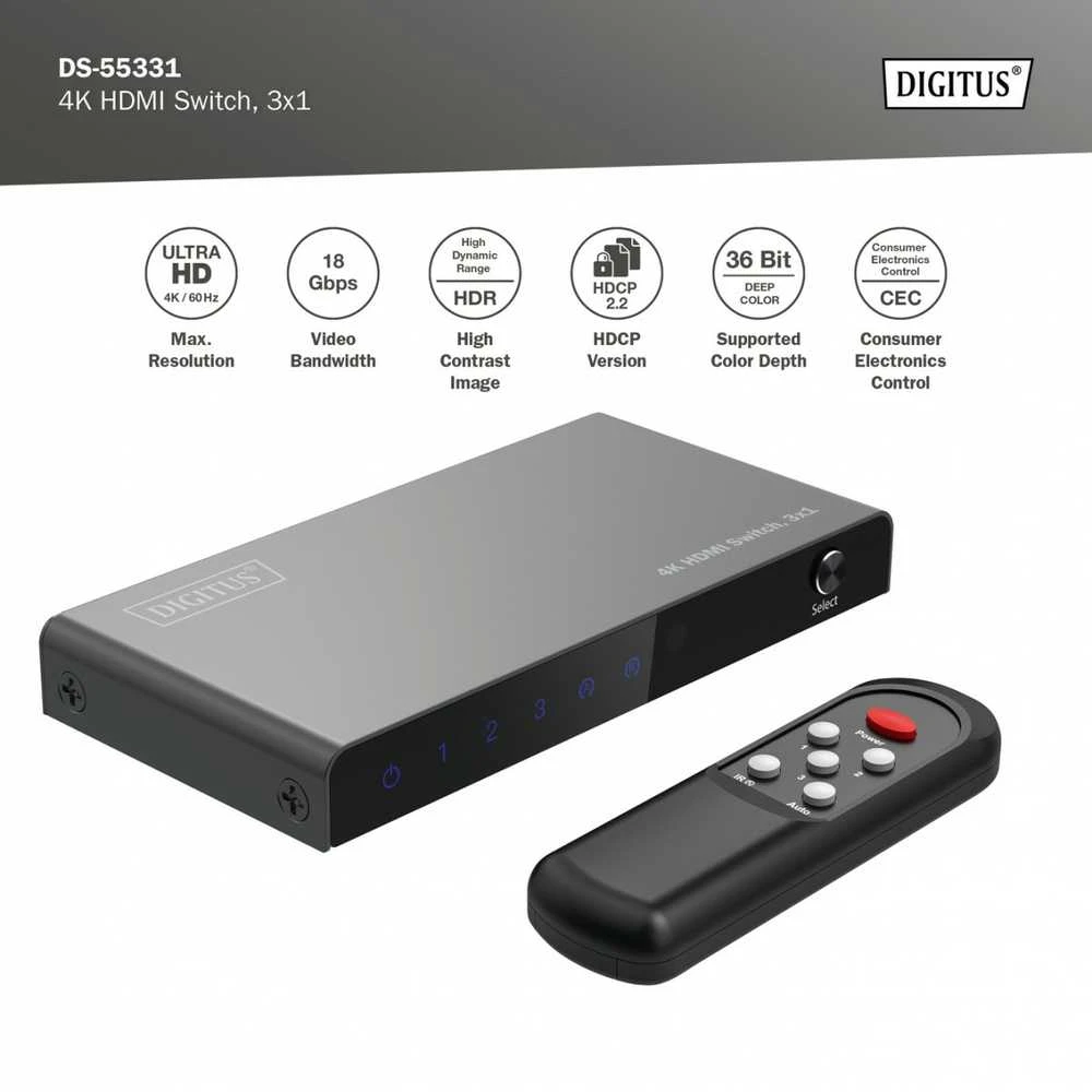 Digitus 4K HDMI Switch, 3x1 | DS-55331 | Juodas
