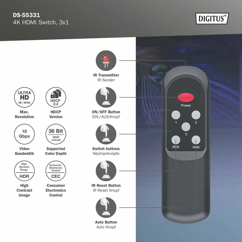 Digitus 4K HDMI Switch, 3x1 | DS-55331 | Juodas