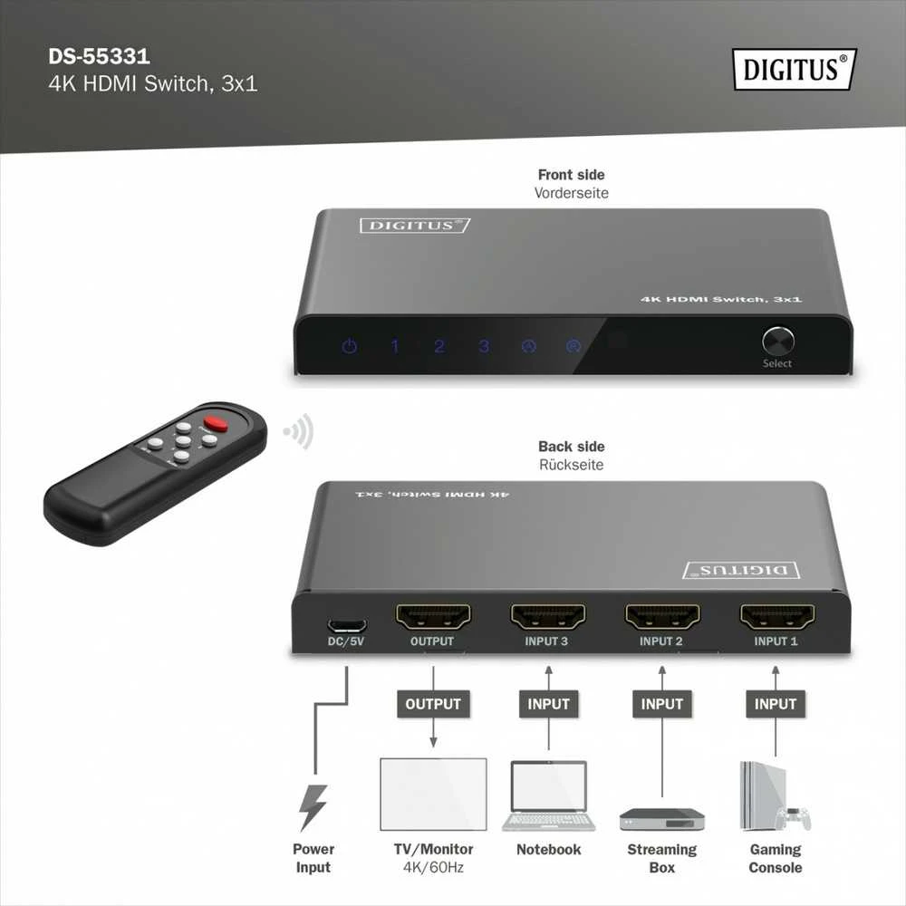Digitus 4K HDMI Switch, 3x1 | DS-55331 | Juodas