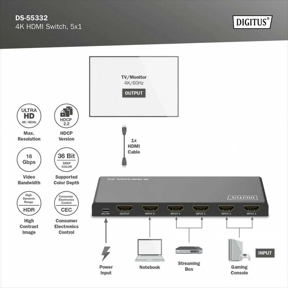 „Digitus“ | 4K HDMI jungiklis | DS-55332