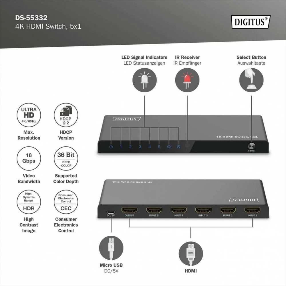 „Digitus“ | 4K HDMI jungiklis | DS-55332