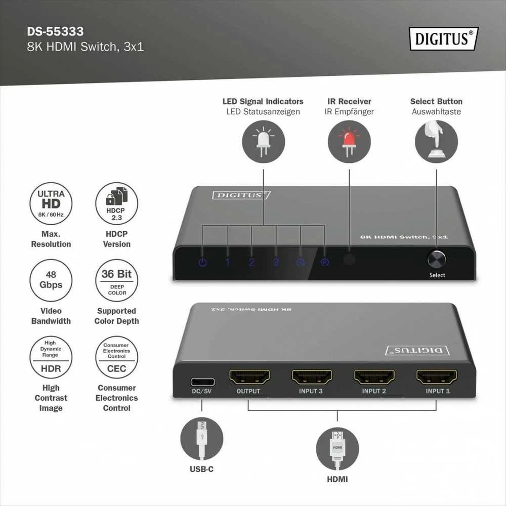 Digitus 8K HDMI Switch, 3x1 | DS-55333 | Juodas
