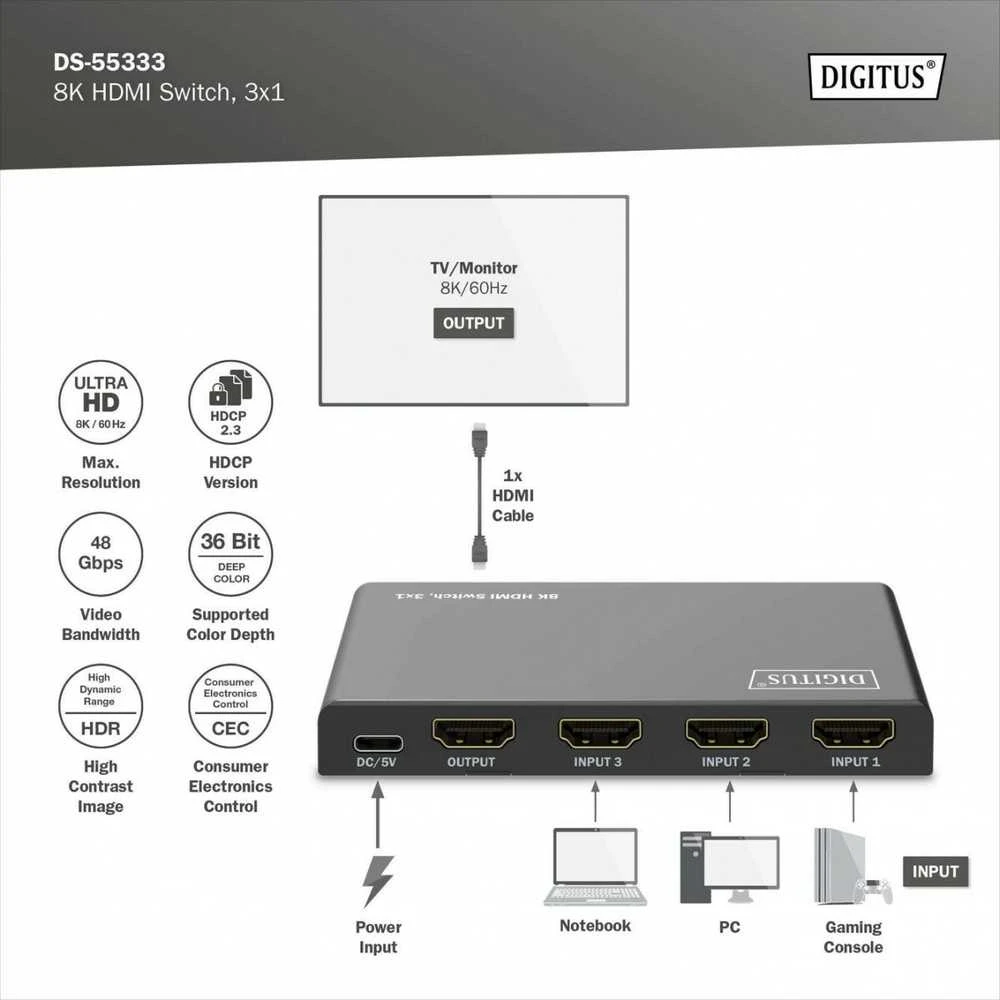 Digitus 8K HDMI Switch, 3x1 | DS-55333 | Juodas