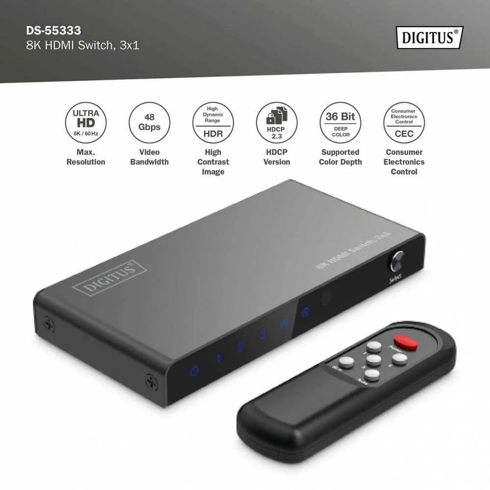 Digitus 8K HDMI Switch, 3x1 | DS-55333 | Juodas