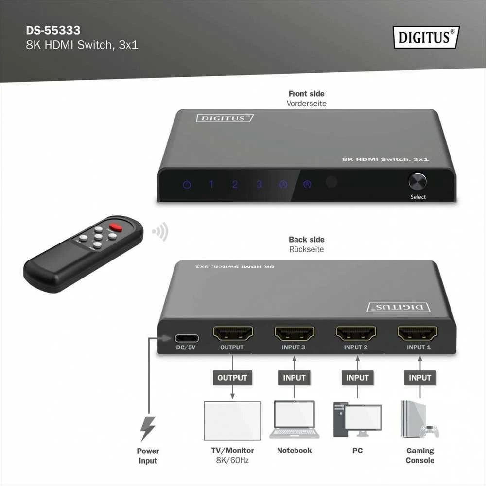 Digitus 8K HDMI Switch, 3x1 | DS-55333 | Juodas