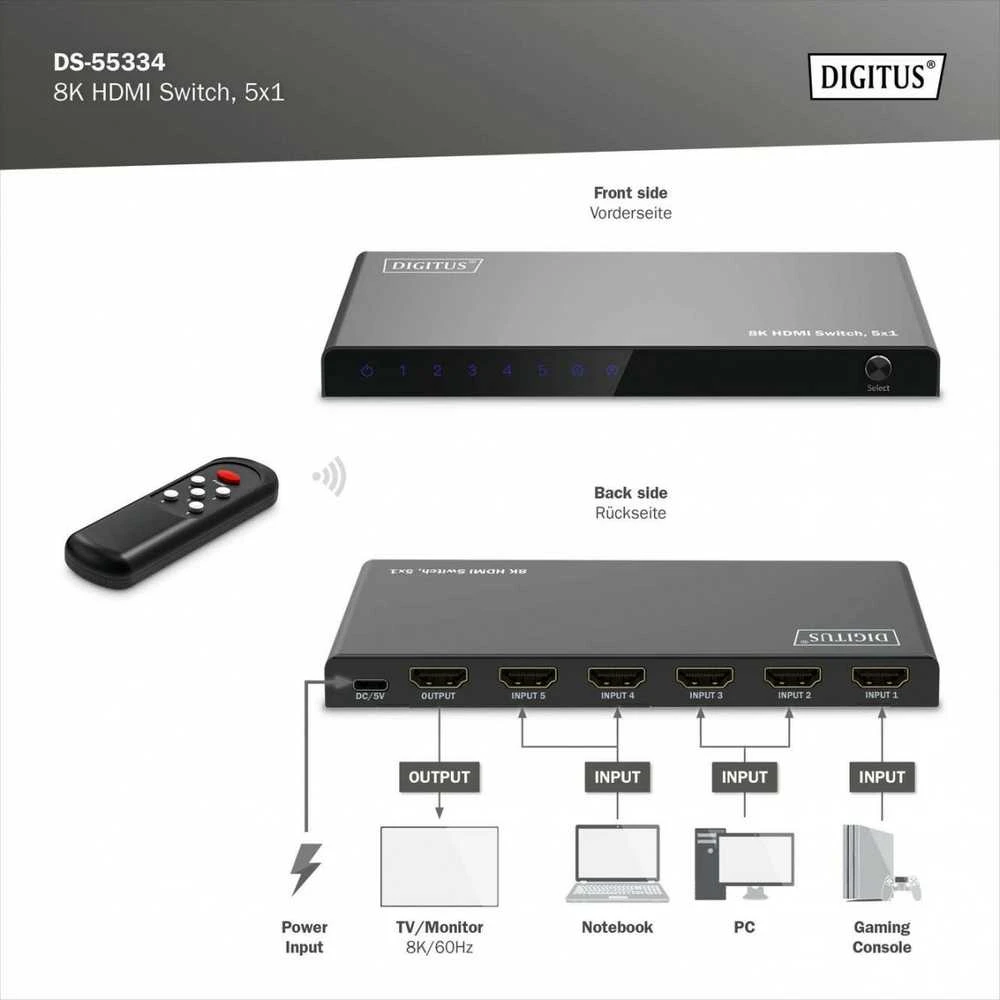 Digitus 8K HDMI Switch, 5x1 | DS-55334 | Juodas