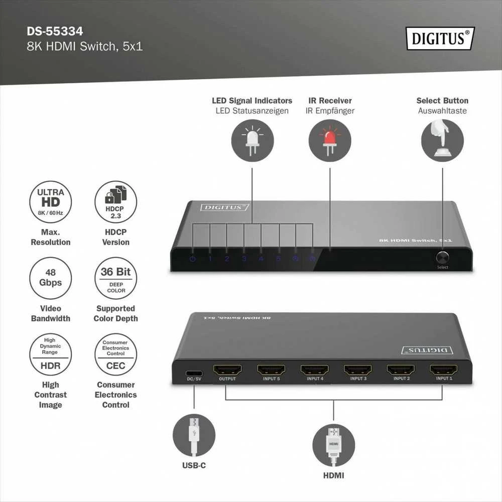 Digitus 8K HDMI Switch, 5x1 | DS-55334 | Juodas