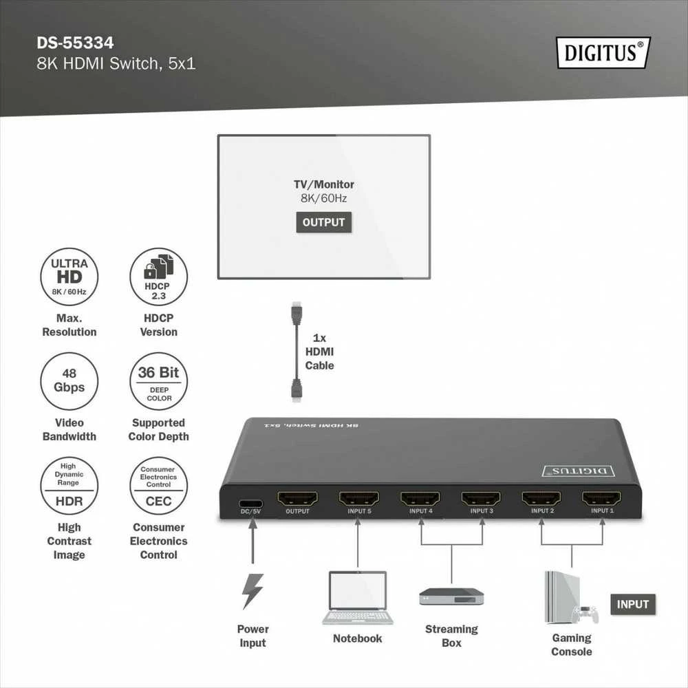 Digitus 8K HDMI Switch, 5x1 | DS-55334 | Juodas