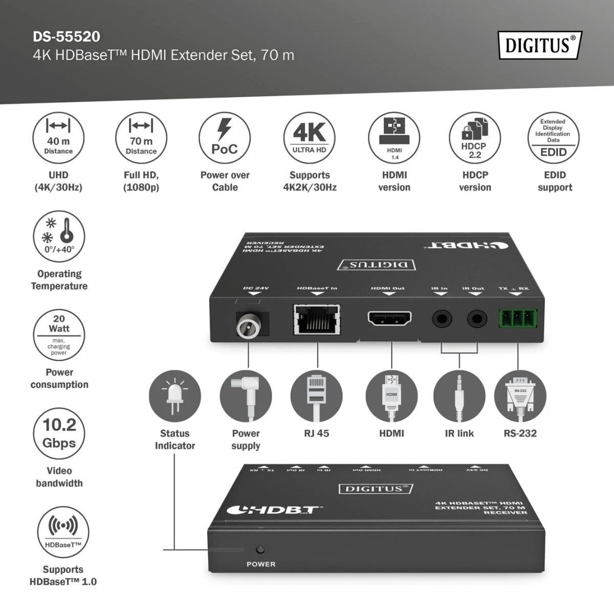 Assmann Electronic DIGITUS 4K HDBaseT prailginimo rinkinys 70m PoC RS232 IR juodas
