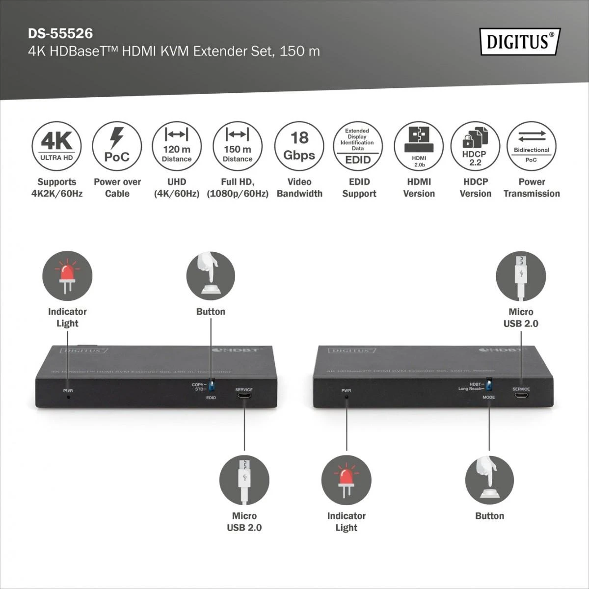 Digitus | 4K HDBaseT HDMI KVM Extender Set, 150 m | DS-55526