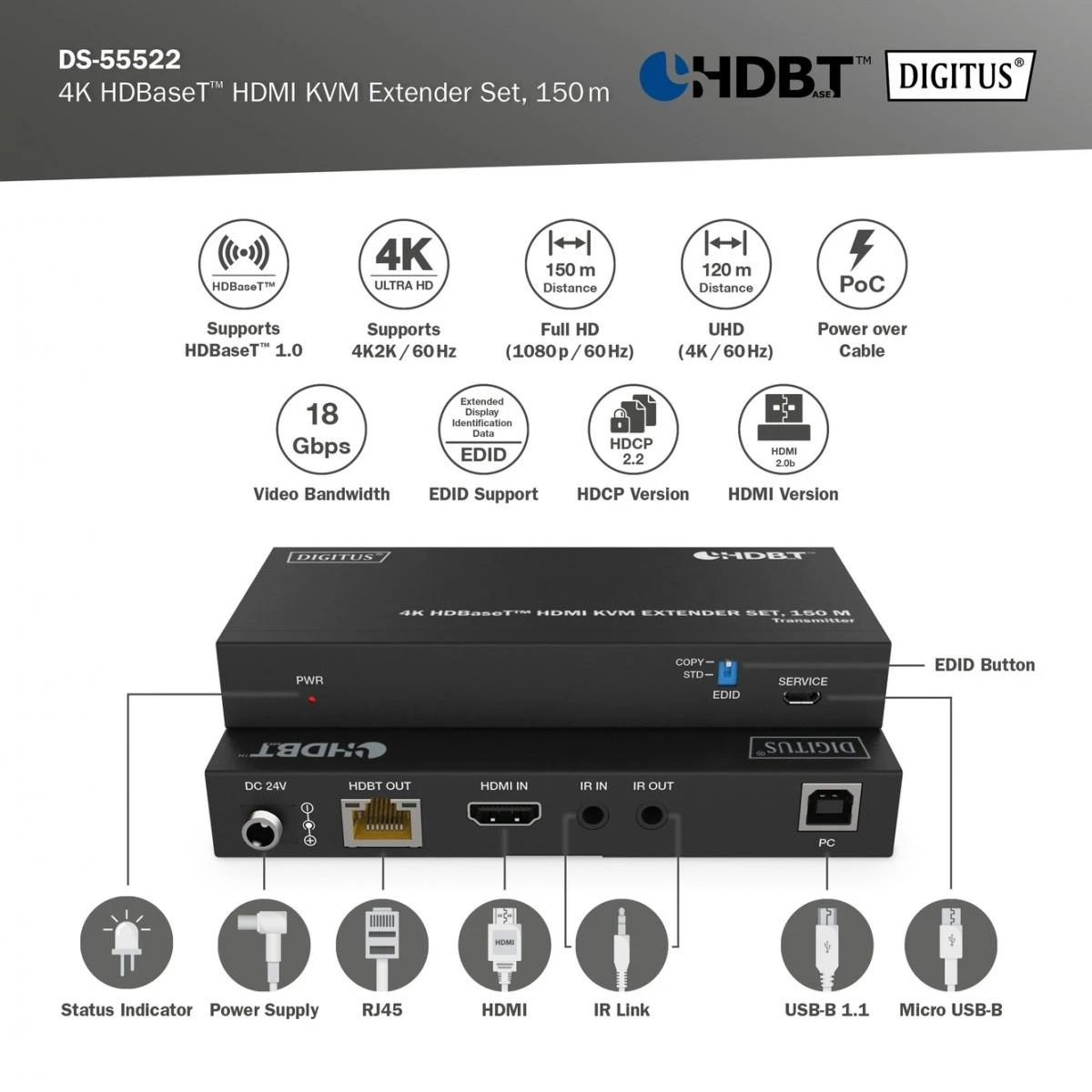 Digitus 4K HDBaseT™ HDMI KVM ilgintuvo rinkinys, 150m