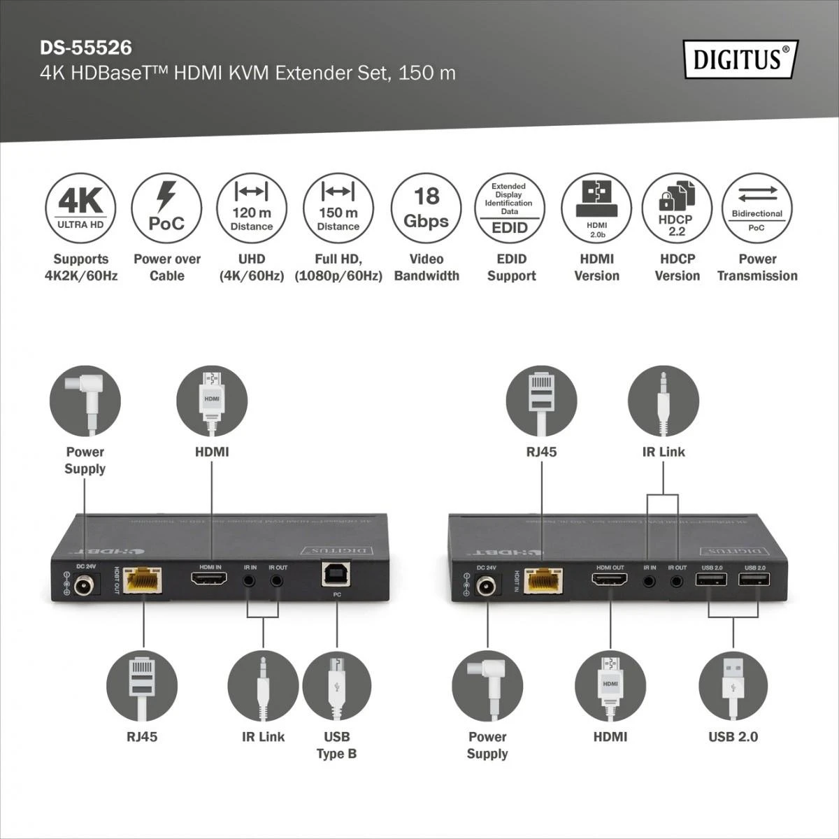 Digitus | 4K HDBaseT HDMI KVM Extender Set, 150 m | DS-55526