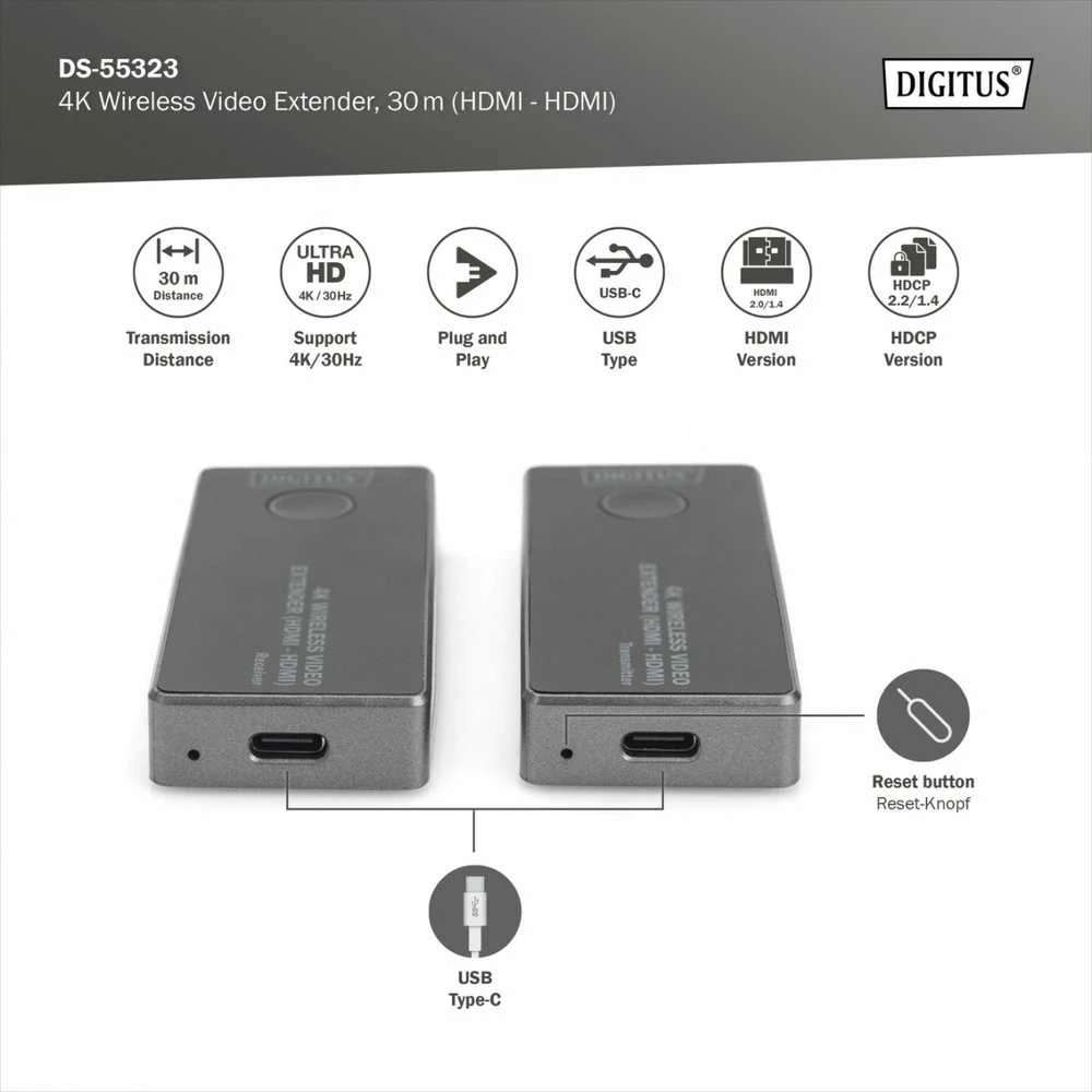 Digitus | 4K Wireless Video Extender, 30 m (HDMI - HDMI) | DS-55323 | Juodas/Sidabrinis