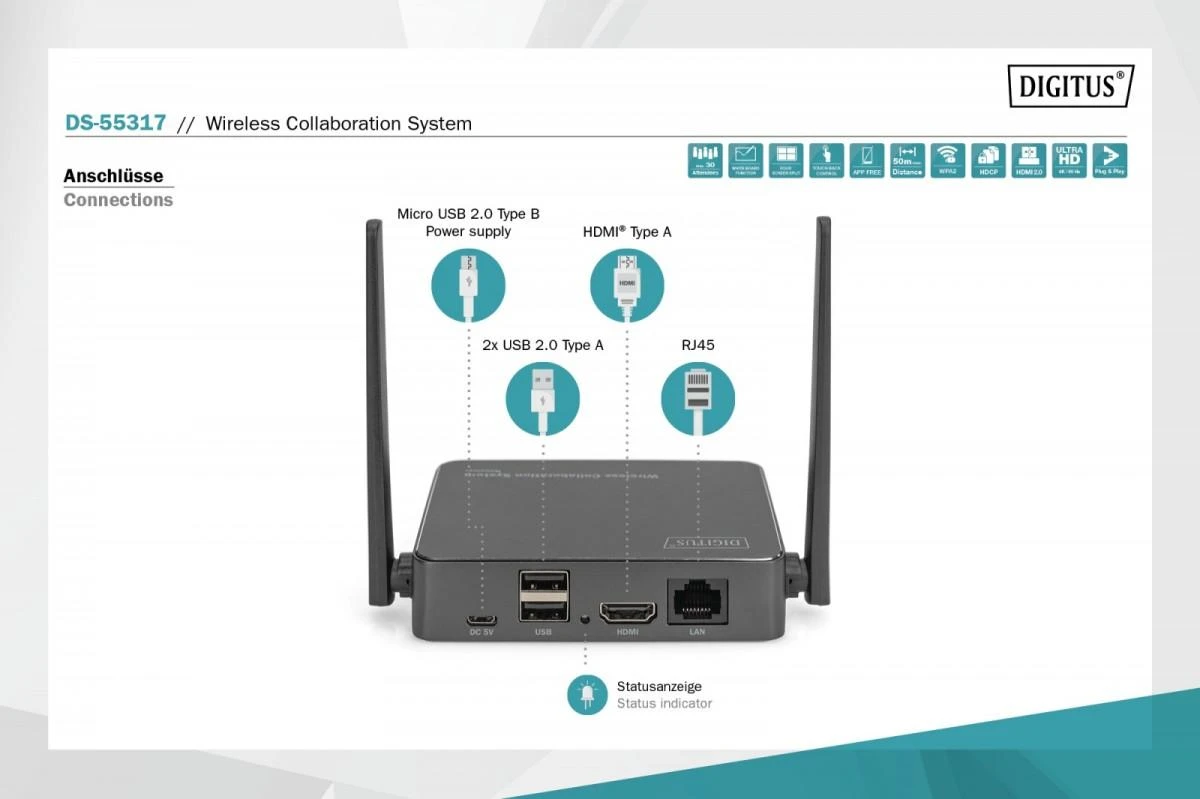 „Assmann“ elektroninė DIGITUS belaidė bendradarbiavimo sistema HDMI 2x TX 1x RX
