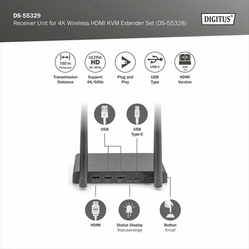 Digitus DS-55329 vaizdo ir garso signalų ilgintuvas AV imtuvas Juoda