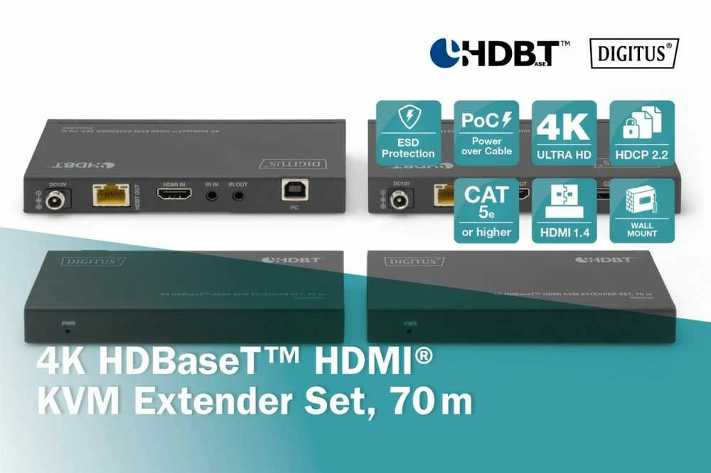 Digitus HDBaseT KVM plėstuvo rinkinys su techninėmis piktogramomis