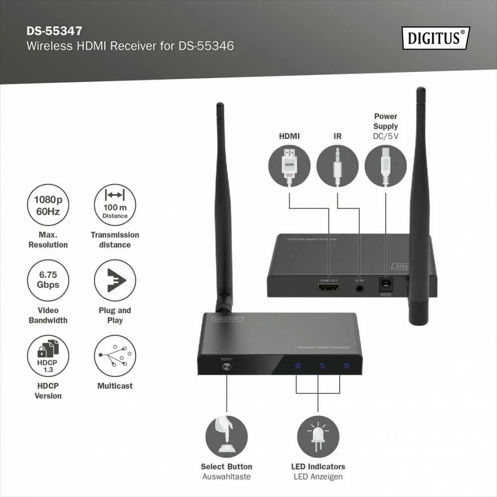 Digitus DS-55347 vaizdo ir garso signalų ilgintuvas AV imtuvas Juoda