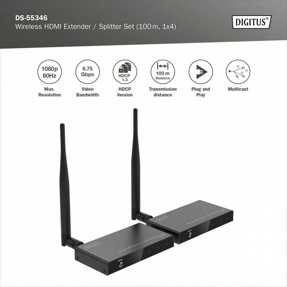 Digitus Wireless HDMI Extender/Splitter Set (100m, 1x4) | DS-55346 | Juodas