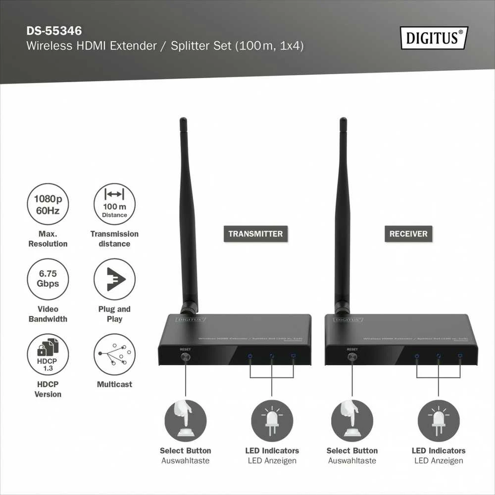 Digitus Wireless HDMI Extender/Splitter Set (100m, 1x4) | DS-55346 | Juodas