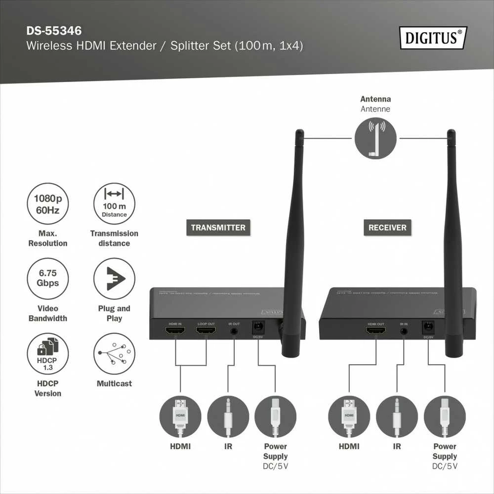 Digitus Wireless HDMI Extender/Splitter Set (100m, 1x4) | DS-55346 | Juodas