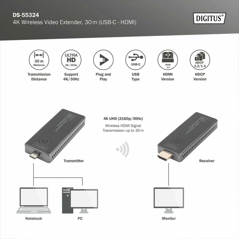 Assmann Electronic DIGITUS 4K belaidžio AV plėtiklio rinkinys 30m USB-C – HDMI