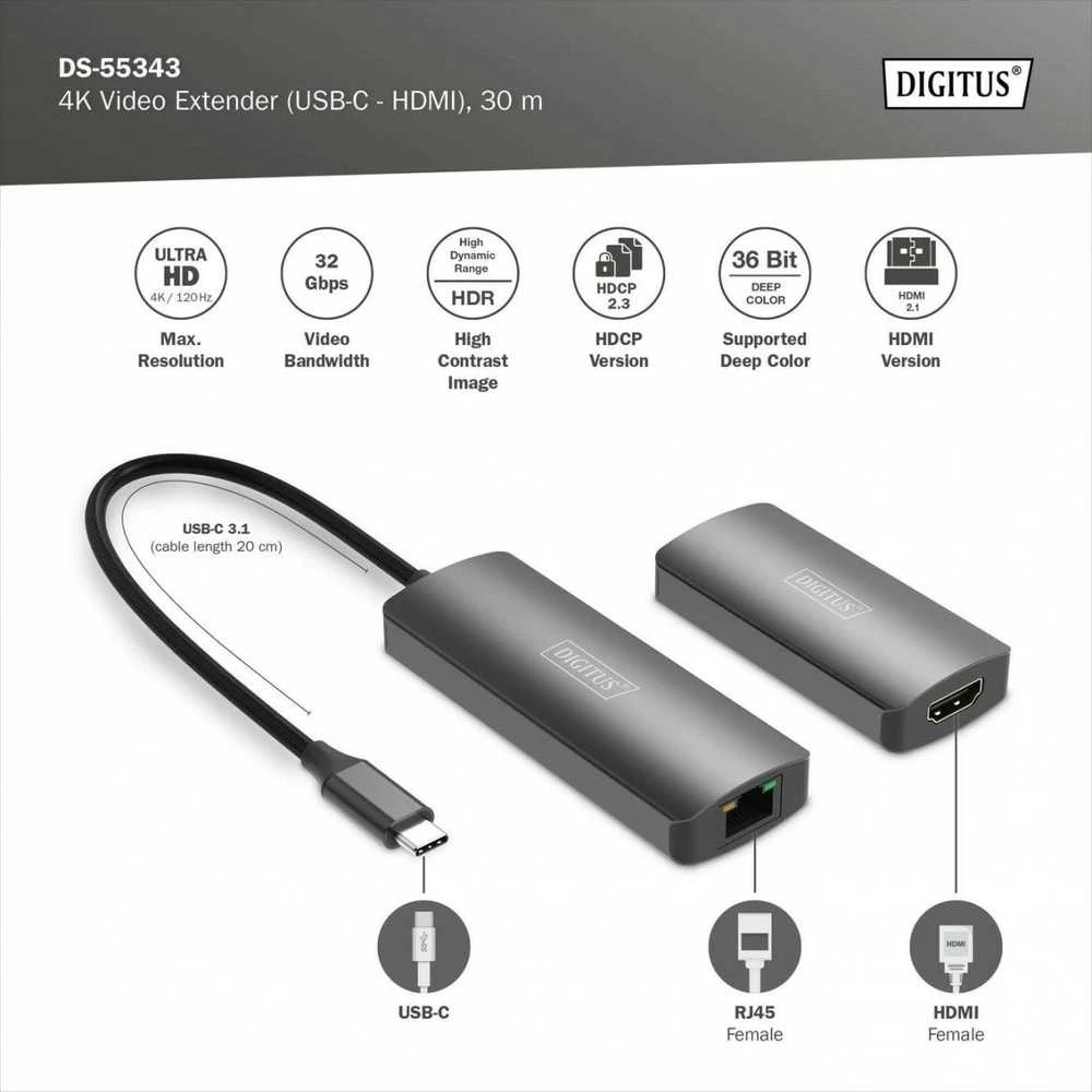 Digitus | 4K Video Extender (USB-C - HDMI), 30 m | DS-55343 | Juodas