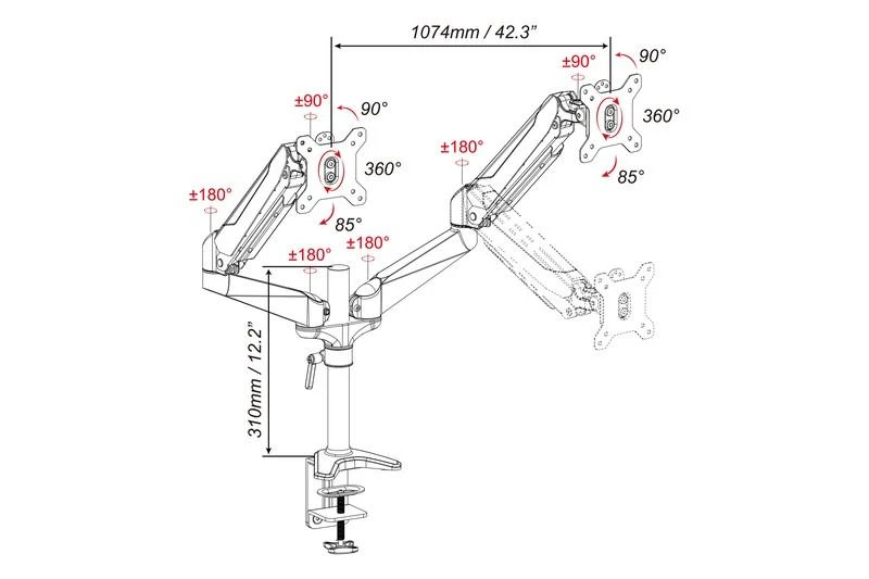 Laikiklis Assmann Electronic DIGITUS dviejų ekranų stalinis kompiuteris su dujinių spyruoklių stovu 2 tft/LCD iki 27 colių Vesa 75x75mm 100x100mm max.8KG juodas