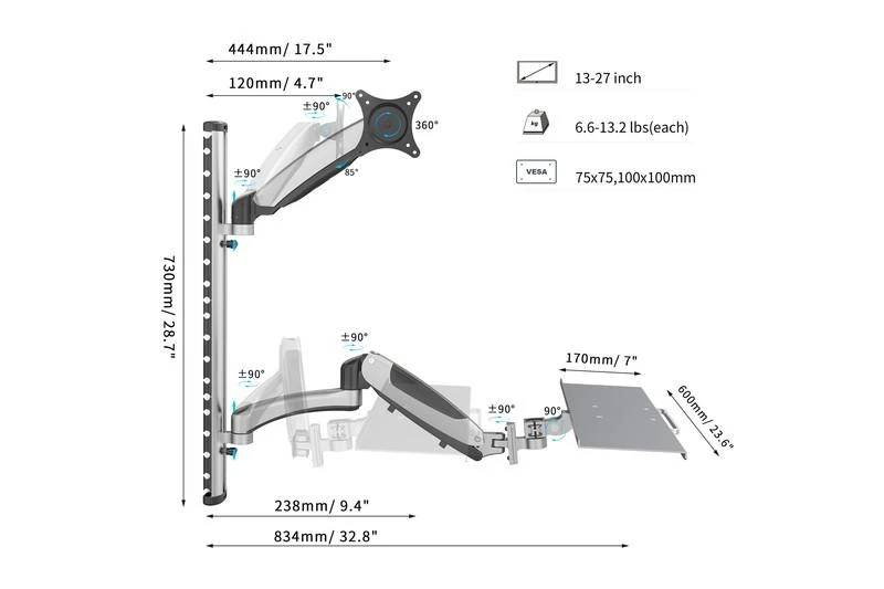 Assmann Electronic DIGITUS monitorius ir klaviatūros tvirtinimas prie sienos iki 27 colių dujų spyruoklinis laikiklis maks. 8KG VESA 75x75mm 100x100mm