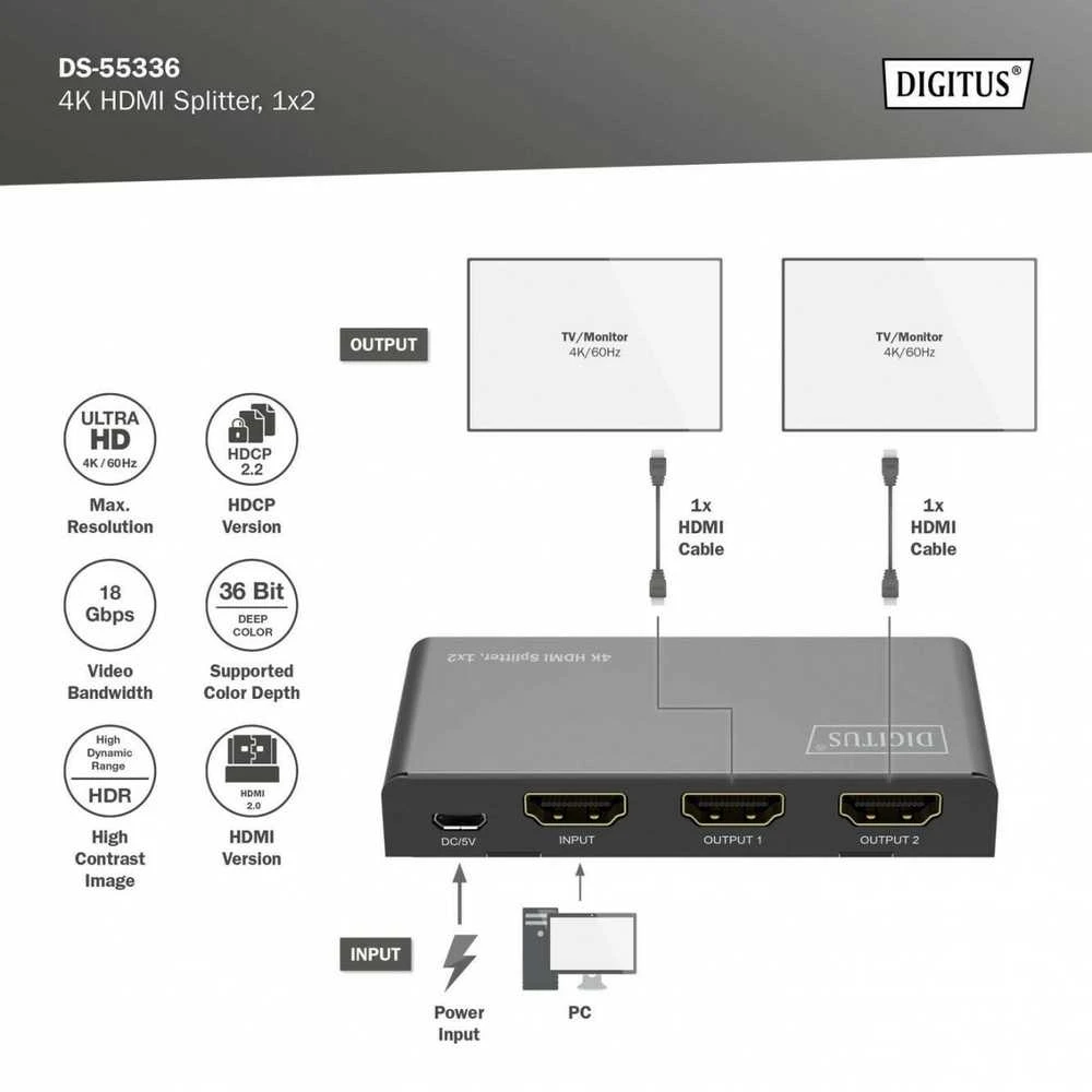 Digitus 4K HDMI Splitter, 1x2 | DS-55336 | Juodas