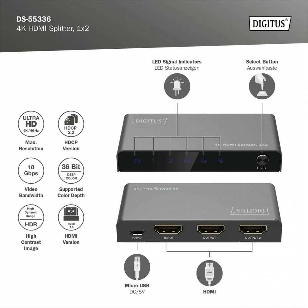 Digitus 4K HDMI Splitter, 1x2 | DS-55336 | Juodas