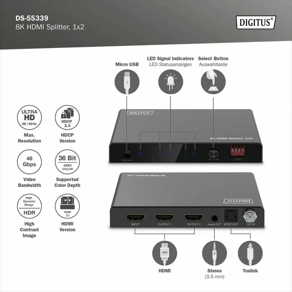 Digitus 8K HDMI skirstytuvas: techninė schema ir jungtys