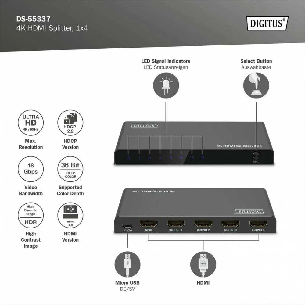 Digitus 4K HDMI Splitter, 1x4 | DS-55337 | Juodas