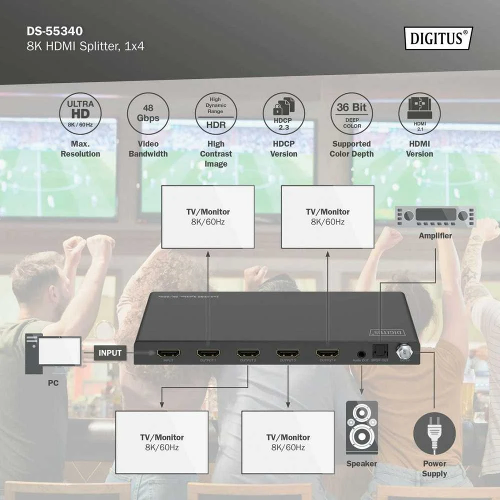 Digitus 8K HDMI Splitter, 1x4 | DS-55340 | Juodas