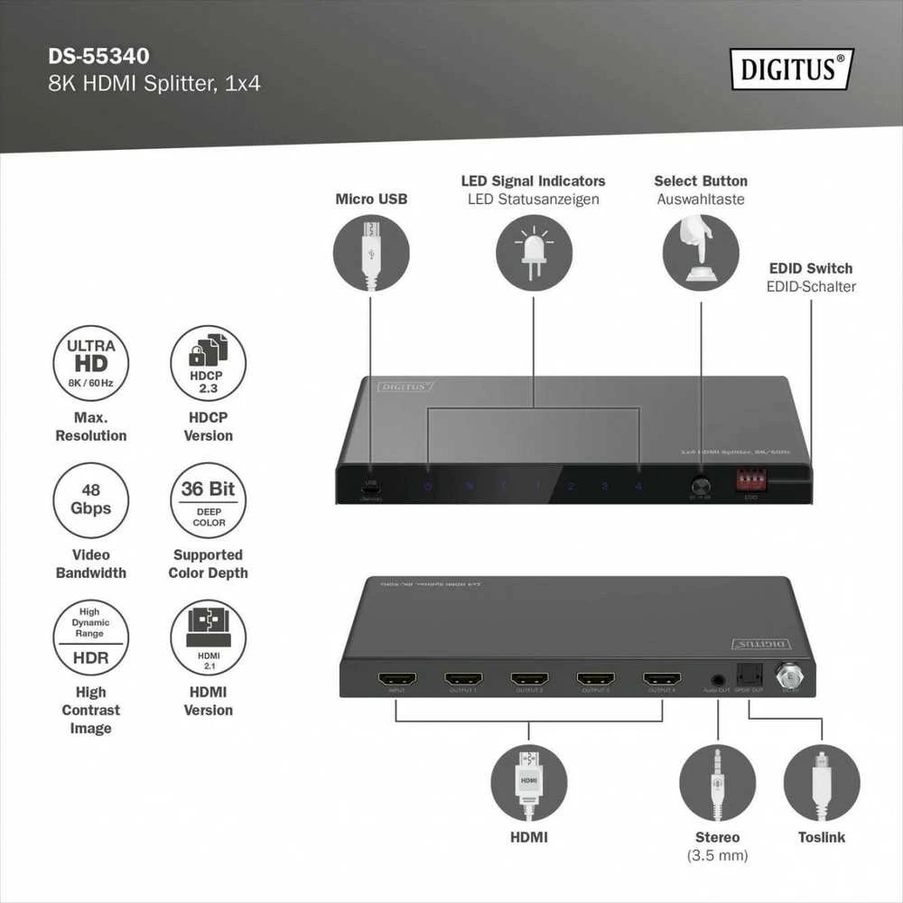 Digitus 8K HDMI Splitter, 1x4 | DS-55340 | Juodas