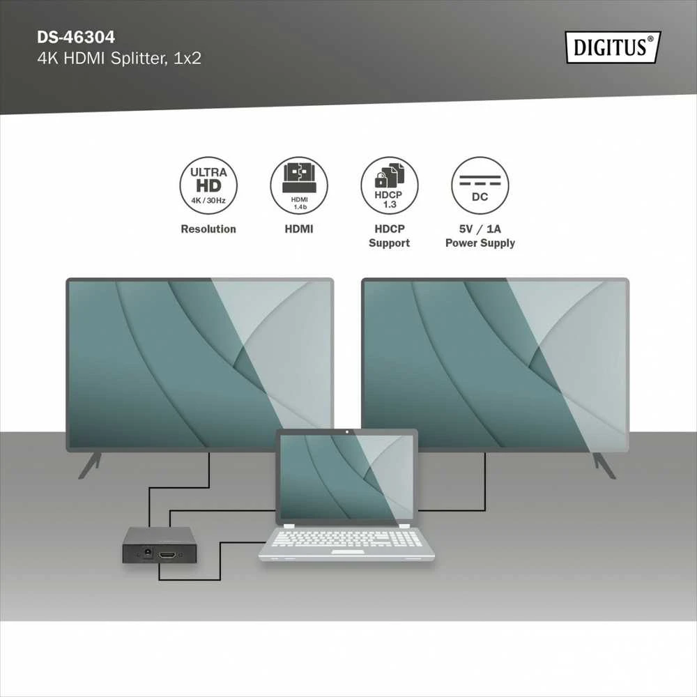 Šakotuvas Assmann Electronic Digitus DIGISTUS 4K HDMI Splitter 1x2 unterstuetzt 4K2K 3D Video Format Farbe juodas