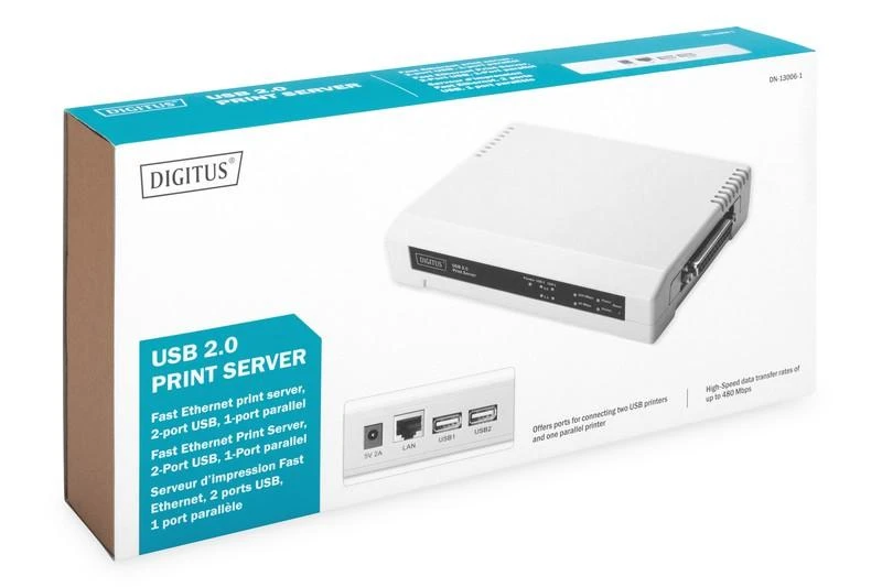 Assmann Electronic DIGITUS greito eterneto spausdinimo serveris 2+1port 2xUSB2.0 1xparallel 1xRJ-45 su maitinimo šaltiniu