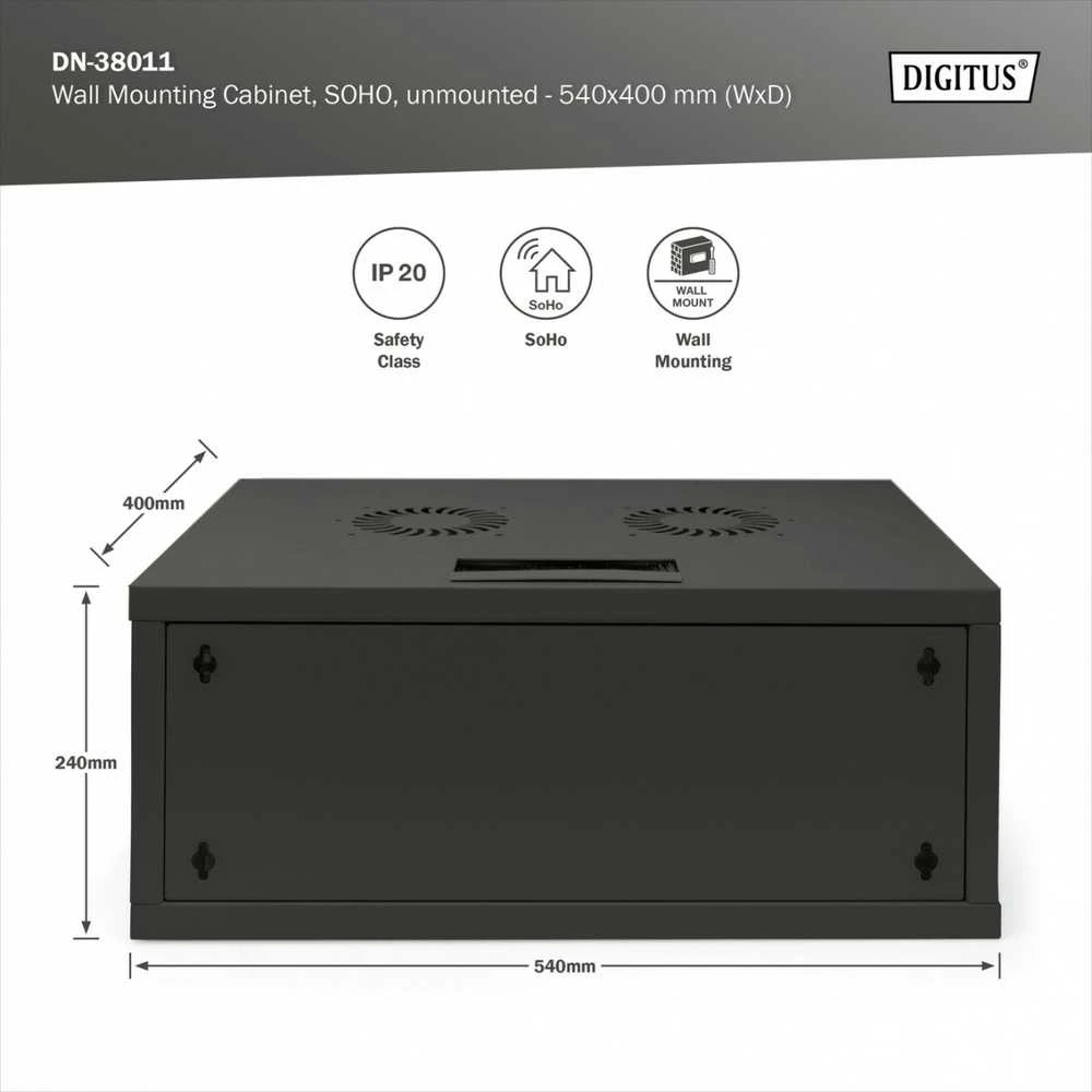 DIGITUS 19″ 4U cabinet, unmounted, 210x540x400 mm, color juodas, DN-38011