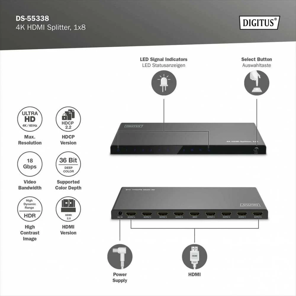Assmann elektroninis DIGITUS 1x8 HDMI skirstytuvas 4K/60Hz HDCP 2.3 EDID valdymas