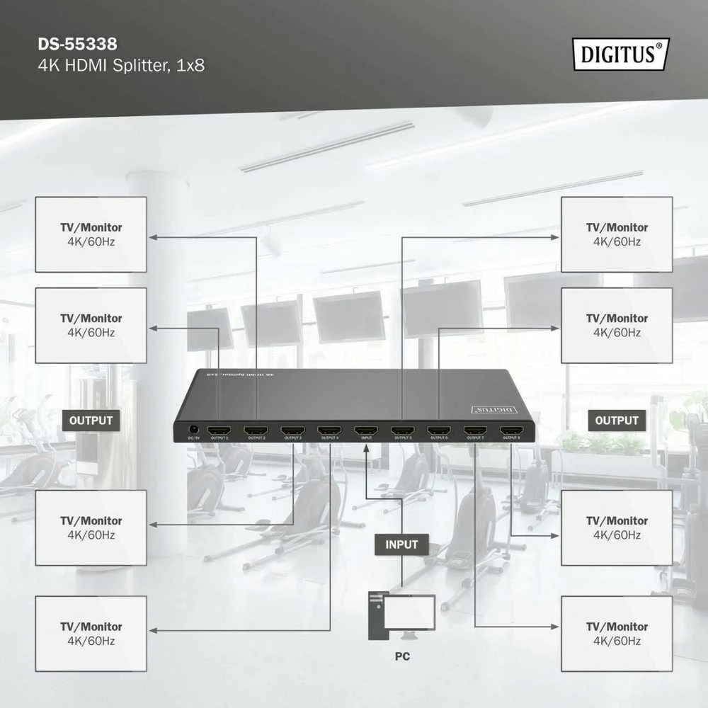 Assmann elektroninis DIGITUS 1x8 HDMI skirstytuvas 4K/60Hz HDCP 2.3 EDID valdymas