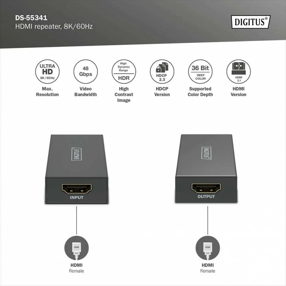 Digitus HDMI signalo stiprintuvas su parametrų schema