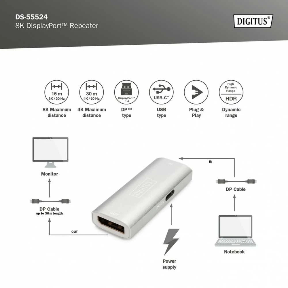 Digitus | 8K DP Repeater 30 m | DS-55524 | Sidabrinis
