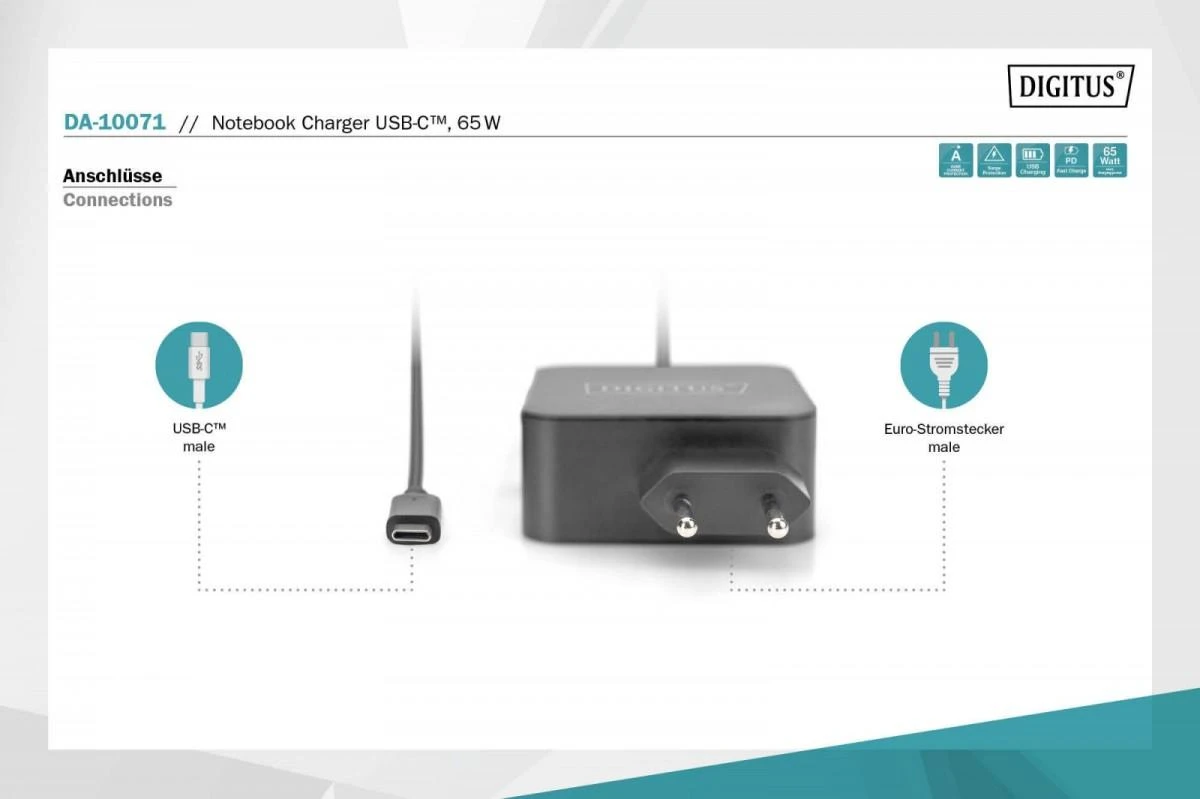 Digitus Skaitmenas | Nešiojamojo kompiuterio įkroviklis USB-C Maitinimo šaltinis 65W PD3.0 | DA-10071 | Juodas